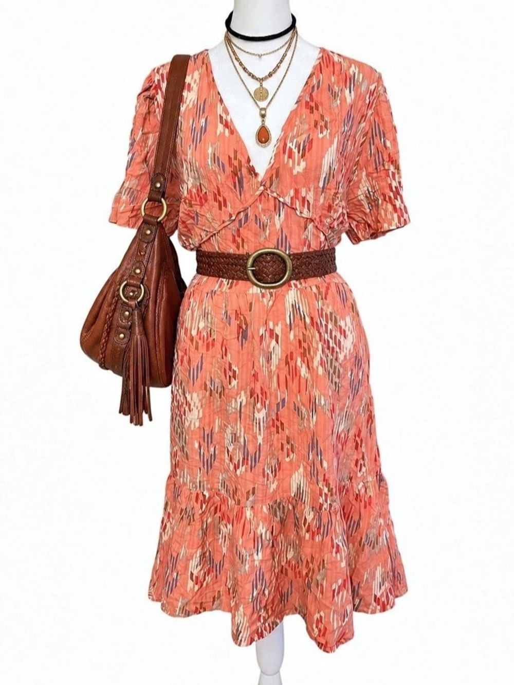 Knox Rose XXL Boho Abstract Print Tiered Midi Dress V-Neck Flutter Sleeve